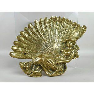 Antique Art Nouveau Lady Peacock Fan Solid Brass Calling Card Receiver Tray Trin